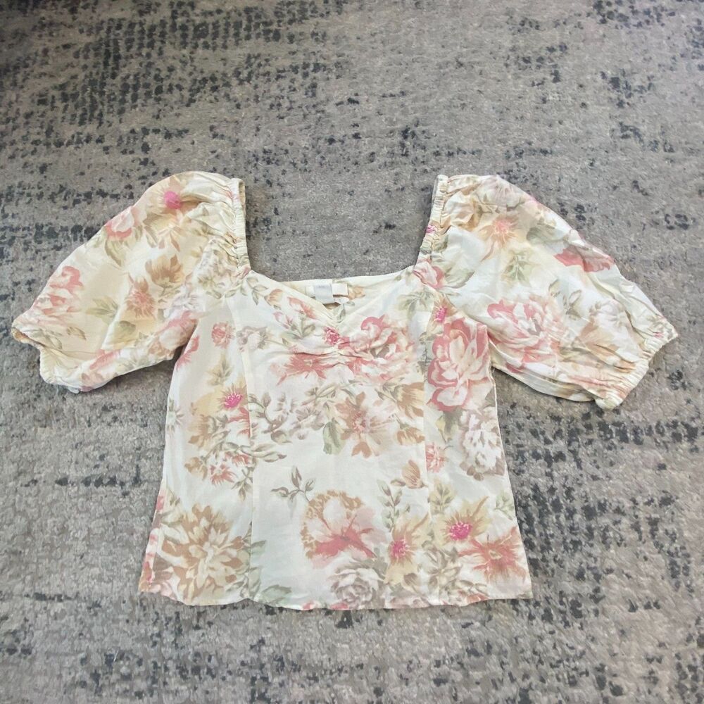 H&M Women XXS Floral Linen Blend Sweetheart Neck Puff Sleeve Cottagecore Blouse